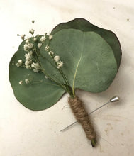 Load image into Gallery viewer, DRIED Eucalyptus Boutonnière | Silver Dollar, Seeded, Silver Leaf Eucalyptus | Wedding, Groom, Groom's Men, Best Man