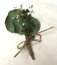 Load image into Gallery viewer, DRIED Eucalyptus Boutonnière | Silver Dollar, Seeded, Silver Leaf Eucalyptus | Wedding, Groom, Groom's Men, Best Man