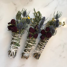 Load image into Gallery viewer, Dried Handmade Rosemary Rose Smudge Wand | Roses, Thistle, and Rosemary | New Moon Ceremony, 8 inch