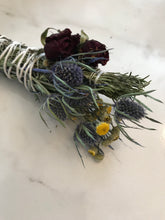Load image into Gallery viewer, Dried Handmade Rosemary Rose Smudge Wand | Roses, Thistle, and Rosemary | New Moon Ceremony, 8 inch
