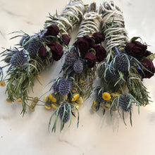 Load image into Gallery viewer, Dried Handmade Rosemary Rose Smudge Wand | Roses, Thistle, and Rosemary | New Moon Ceremony, 8 inch