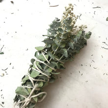 Load image into Gallery viewer, Dried Hand Made Baby's Breath, Rosemary, and Silver Leaf Mountain Gum Smudge Stick, Cleansing 6 - 8 inch