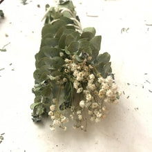 Load image into Gallery viewer, Dried Hand Made Baby's Breath, Rosemary, and Silver Leaf Mountain Gum Smudge Stick, Cleansing 6 - 8 inch