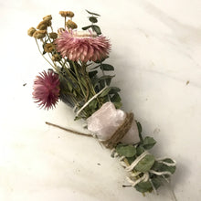 Load image into Gallery viewer, Dried Handmade Eucalyptus, Strawflower, Chamomile, Rose Quartz Crystal, and White Sage Smudge Wand | New Moon Ceremony, Cleansing