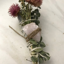 Load image into Gallery viewer, Dried Handmade Eucalyptus, Strawflower, Chamomile, Rose Quartz Crystal, and White Sage Smudge Wand | New Moon Ceremony, Cleansing