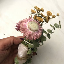 Load image into Gallery viewer, Dried Handmade Eucalyptus, Strawflower, Chamomile, Rose Quartz Crystal, and White Sage Smudge Wand | New Moon Ceremony, Cleansing