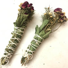 Load image into Gallery viewer, Dried Hand Made Evergreen and Red Roses Smudge | Aromatherapy Pine Needles & Roses 6 inch