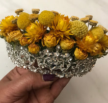Load image into Gallery viewer, Rhinestone Crown with Dried Yellow Roses, Eucalyptus, Strawflowers, Billy Buttons and Chamomile | Real Dried Floral Crown Queen, Princess