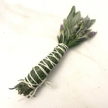 Load image into Gallery viewer, Dried Hand Made Rosemary, Lavender, and White Sage Smudge Stick Wand | New Moon Ceremony, Cleansing 6 - 8 inch