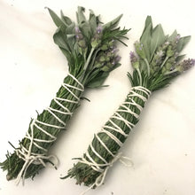 Load image into Gallery viewer, Dried Hand Made Rosemary, Lavender, and White Sage Smudge Stick Wand | New Moon Ceremony, Cleansing 6 - 8 inch