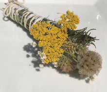 Load image into Gallery viewer, Dried Handmade Rosemary, Scabiosa Smudge Stick Wand | Scabiosa, Yarrow, Baby’s Breath , and Rosemary, New Moon Ceremony, Cleansing 8 inch