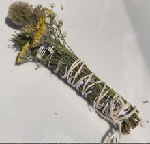 Load image into Gallery viewer, Dried Handmade Rosemary, Scabiosa Smudge Stick Wand | Scabiosa, Yarrow, Baby’s Breath , and Rosemary, New Moon Ceremony, Cleansing 8 inch