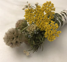 Load image into Gallery viewer, Dried Handmade Rosemary, Scabiosa Smudge Stick Wand | Scabiosa, Yarrow, Baby’s Breath , and Rosemary, New Moon Ceremony, Cleansing 8 inch