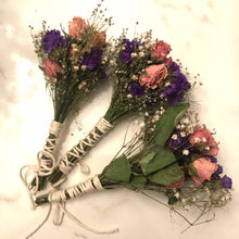 Load image into Gallery viewer, Dried Handmade Pink Rose Smudge Stick Wand | Rose, Status, and Baby’s Breath 8 inch