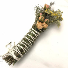 Load image into Gallery viewer, Dried Handmade Rosemary Blush Rose Smudge Wand | Roses, Yarrow, Lavender Leaf, and Rosemary | New Moon Ceremony, Incense, Cleansing, Ritual
