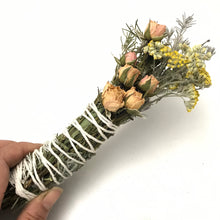 Load image into Gallery viewer, Dried Handmade Rosemary Blush Rose Smudge Wand | Roses, Yarrow, Lavender Leaf, and Rosemary | New Moon Ceremony, Incense, Cleansing, Ritual