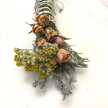 Load image into Gallery viewer, Dried Handmade Rosemary Blush Rose Smudge Wand | Roses, Yarrow, Lavender Leaf, and Rosemary | New Moon Ceremony, Incense, Cleansing, Ritual