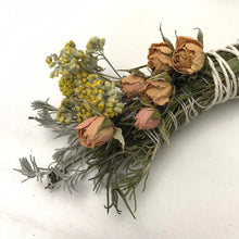 Load image into Gallery viewer, Dried Handmade Rosemary Blush Rose Smudge Wand | Roses, Yarrow, Lavender Leaf, and Rosemary | New Moon Ceremony, Incense, Cleansing, Ritual