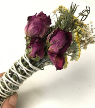 Load image into Gallery viewer, Dried Handmade Rosemary Fuchsia Rose Smudge Wand | Roses, Yarrow, Baby’s Breath , and Rosemary | New Moon, Incense, Cleansing