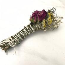 Load image into Gallery viewer, Dried Handmade Rosemary Fuchsia Rose Smudge Wand | Roses, Yarrow, Baby’s Breath , and Rosemary | New Moon, Incense, Cleansing