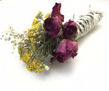 Load image into Gallery viewer, Dried Handmade Rosemary Fuchsia Rose Smudge Wand | Roses, Yarrow, Baby’s Breath , and Rosemary | New Moon, Incense, Cleansing