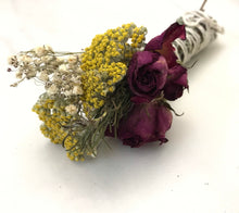 Load image into Gallery viewer, Dried Handmade Rosemary Fuchsia Rose Smudge Wand | Roses, Yarrow, Baby’s Breath , and Rosemary | New Moon, Incense, Cleansing