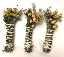 Load image into Gallery viewer, Dried Handmade Rosemary Blush Rose Smudge Wand | Roses, Yarrow, Lavender Leaf, and Rosemary | New Moon Ceremony, Incense, Cleansing, Ritual