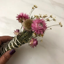 Load image into Gallery viewer, Dried Handmade Rosemary & Pink Strawflower Smudge Wand | Strawflowers, Rosemary | New Moon Ceremony, Incense, Cleansing, Ritual