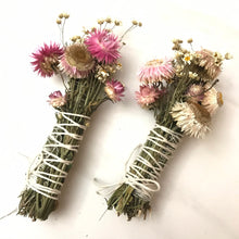 Load image into Gallery viewer, Dried Handmade Rosemary & Pink Strawflower Smudge Wand | Strawflowers, Rosemary | New Moon Ceremony, Incense, Cleansing, Ritual