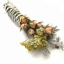 Load image into Gallery viewer, Dried Handmade Rosemary Blush Rose Smudge Wand | Roses, Yarrow, Lavender Leaf, and Rosemary | New Moon Ceremony, Incense, Cleansing, Ritual