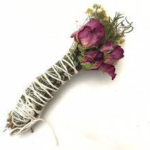 Load image into Gallery viewer, Dried Handmade Rosemary Fuchsia Rose Smudge Wand | Roses, Yarrow, Baby’s Breath , and Rosemary | New Moon, Incense, Cleansing