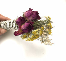 Load image into Gallery viewer, Dried Handmade Rosemary Fuchsia Rose Smudge Wand | Roses, Yarrow, Baby’s Breath , and Rosemary | New Moon, Incense, Cleansing