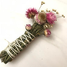 Load image into Gallery viewer, Dried Handmade Rosemary & Pink Strawflower Smudge Wand | Strawflowers, Rosemary | New Moon Ceremony, Incense, Cleansing, Ritual