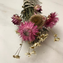 Load image into Gallery viewer, Dried Handmade Rosemary & Pink Strawflower Smudge Wand | Strawflowers, Rosemary | New Moon Ceremony, Incense, Cleansing, Ritual