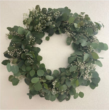 Load image into Gallery viewer, GET CRAFTY ~ EUCALYPTUS + BABY&#39;S BREATH + PINE + HOLLY HOLIDAY WREATH MAKING CLASS
