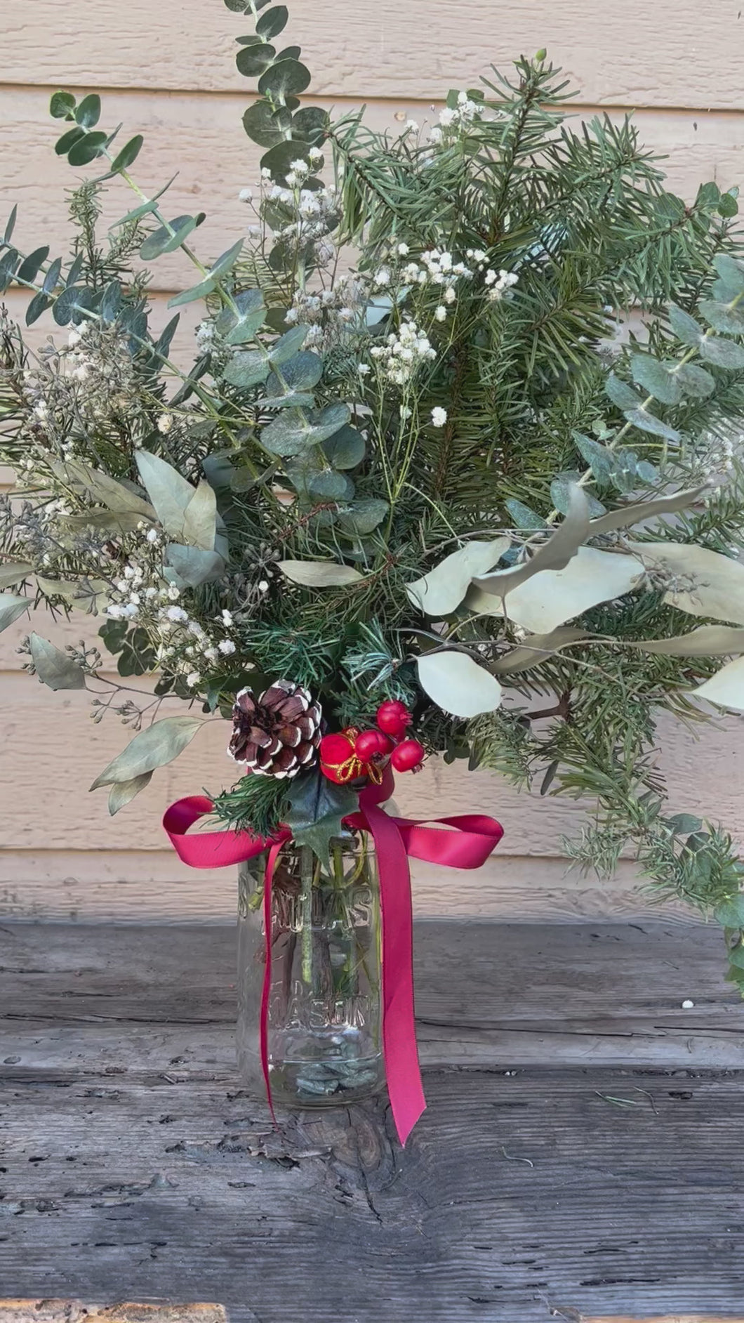 Eucalyptus + Pine + Baby's Breath Centerpiece | Christmas Centerpiece, Christmas Decor, Holiday Decor | Mason Jar Centerpiece