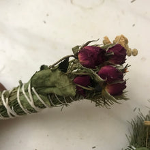 Load image into Gallery viewer, Dried Hand Made Evergreen and Red Roses Smudge | Aromatherapy Pine Needles &amp; Roses 6 inch
