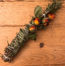 Load image into Gallery viewer, Dried Handmade Rose Smudge Wand | Roses and Rosemary | New Moon, Incense, Cleansing, Ritual
